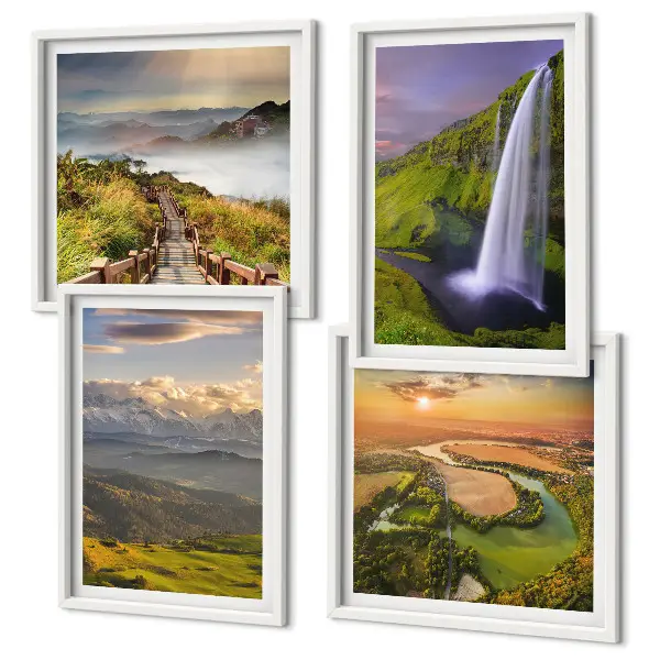 Galería de pared con motivos de montañas, ríos y cascadas