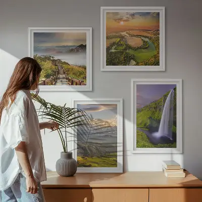 Galería de pared con motivos de montañas, ríos y cascadas