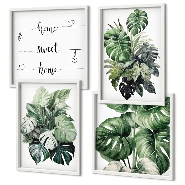Set de cuadros modernos para salón con diseño de acuarela de hojas tropicales verdes