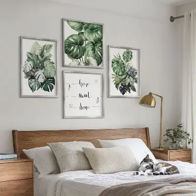 Set de cuadros modernos para salón con diseño de acuarela de hojas tropicales verdes