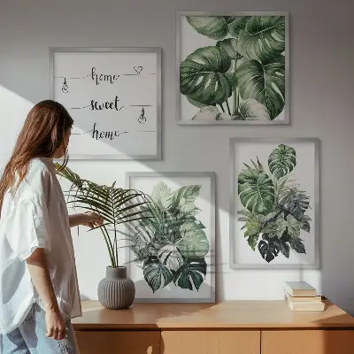 Set de cuadros modernos para salón con diseño de acuarela de hojas tropicales verdes