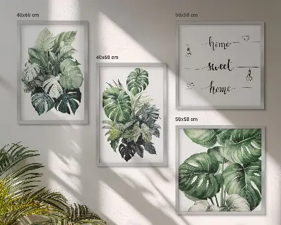 Set de cuadros modernos para salón con diseño de acuarela de hojas tropicales verdes