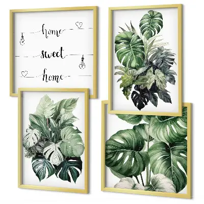 Set de cuadros modernos para salón con diseño de acuarela de hojas tropicales verdes