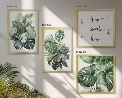 Set de cuadros modernos para salón con diseño de acuarela de hojas tropicales verdes