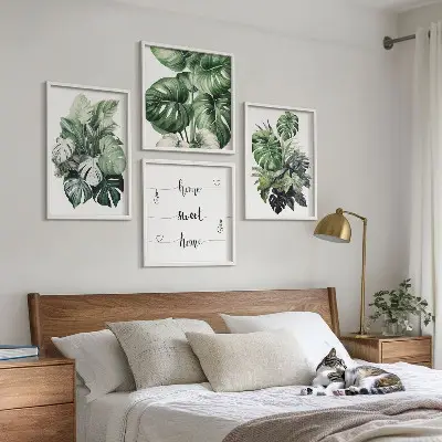 Set de cuadros modernos para salón con diseño de acuarela de hojas tropicales verdes