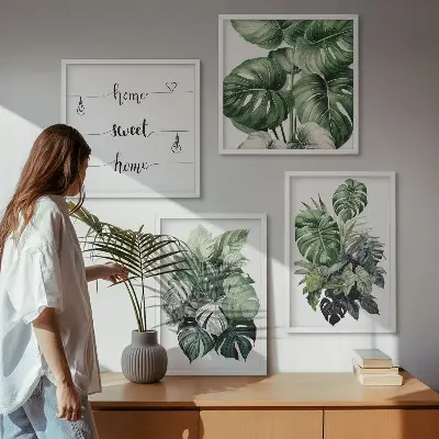Set de cuadros modernos para salón con diseño de acuarela de hojas tropicales verdes