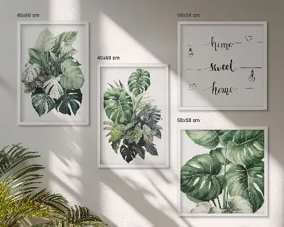 Set de cuadros modernos para salón con diseño de acuarela de hojas tropicales verdes
