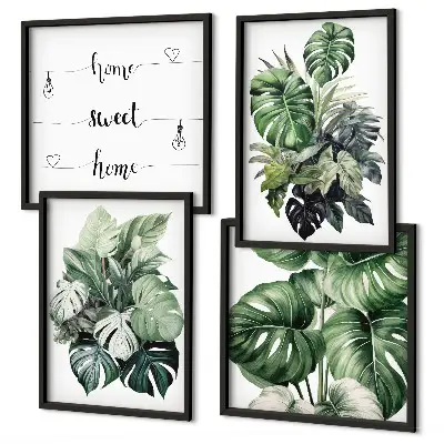 Set de cuadros modernos para salón con diseño de acuarela de hojas tropicales verdes
