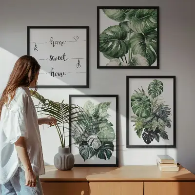 Set de cuadros modernos para salón con diseño de acuarela de hojas tropicales verdes