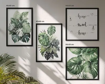 Set de cuadros modernos para salón con diseño de acuarela de hojas tropicales verdes