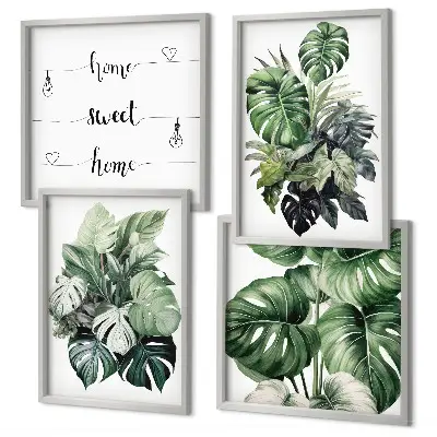 Set de cuadros modernos para salón con diseño de acuarela de hojas tropicales verdes