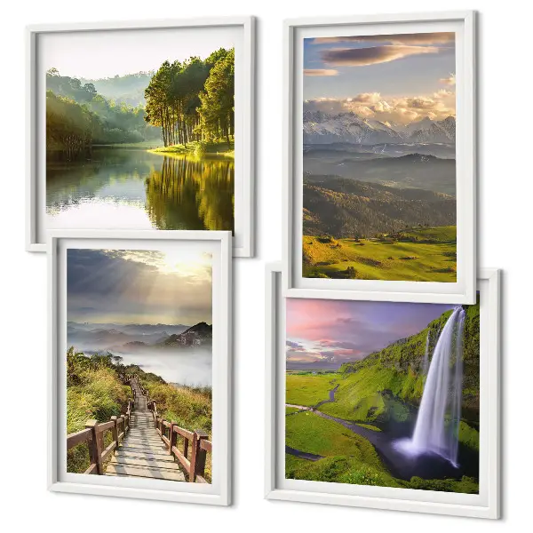 Set de 4 cuadros para salón con paisajes de montaña y cascadas