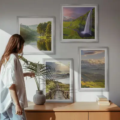 Set de 4 cuadros para salón con paisajes de montaña y cascadas