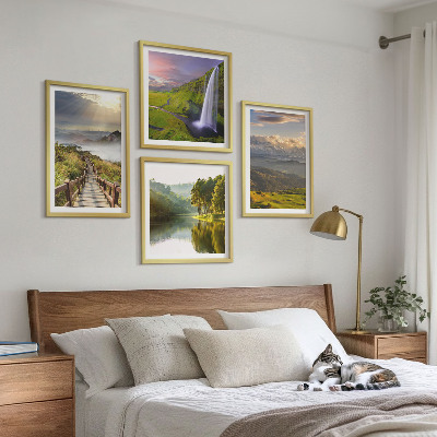 Set de 4 cuadros para salón paisajes de montaña cascada