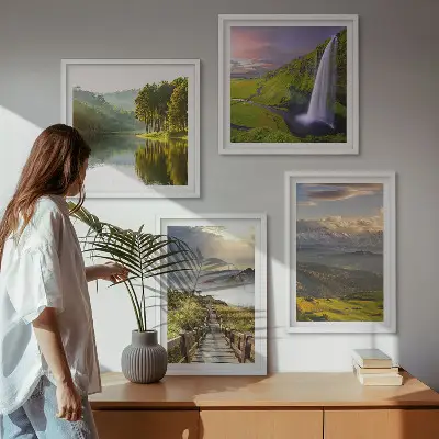 Set de 4 cuadros para salón con paisajes de montaña y cascadas