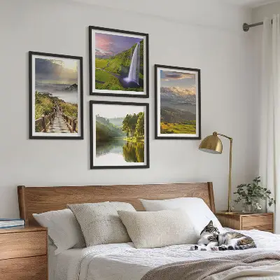 Set de 4 cuadros para salón con paisajes de montaña y cascadas