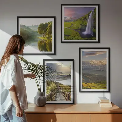 Set de 4 cuadros para salón con paisajes de montaña y cascadas