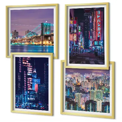 Set de cuadros modernos para salón diseño de ciudades nocturnas con luces de neón
