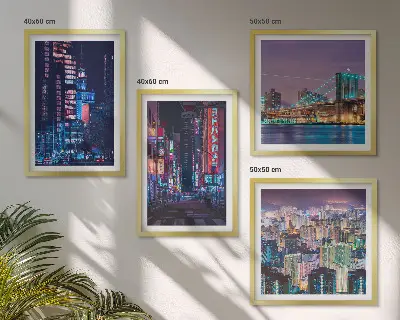 Set de cuadros modernos para salón diseño de ciudades nocturnas con luces de neón