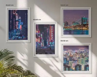 Set de cuadros modernos para salón diseño de ciudades nocturnas con luces de neón