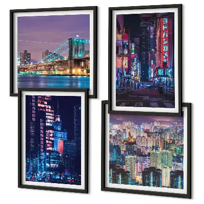 Set de cuadros modernos para salón diseño de ciudades nocturnas con luces de neón