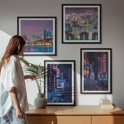 Set de cuadros modernos para salón diseño de ciudades nocturnas con luces de neón