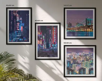 Set de cuadros modernos para salón diseño de ciudades nocturnas con luces de neón
