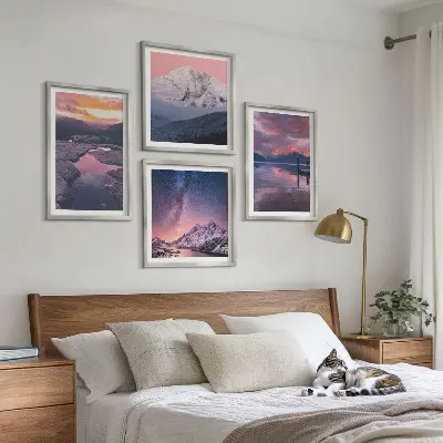 Set de 4 cuadros decorativos para salón con paisajes de montañas y agua