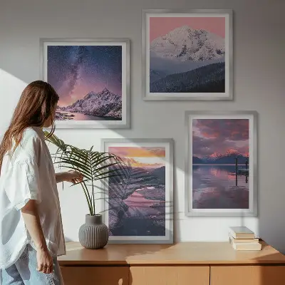 Set de 4 cuadros decorativos para salón con paisajes de montañas y agua