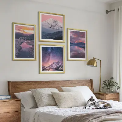 Set de 4 cuadros decorativos para salón con paisajes de montañas y agua