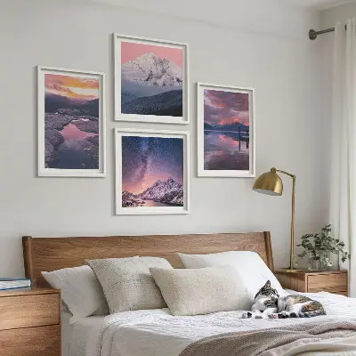 Set de 4 cuadros decorativos para salón con paisajes de montañas y agua