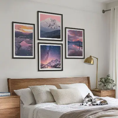 Set de 4 cuadros decorativos para salón con paisajes de montañas y agua