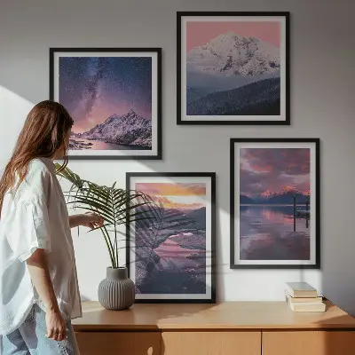 Set de 4 cuadros decorativos para salón con paisajes de montañas y agua
