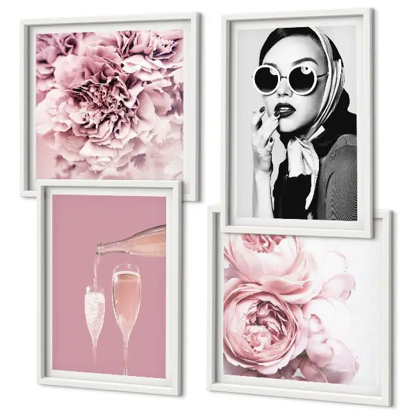 Set de 4 cuadros de flores peonías rosas con diseño elegante para salón