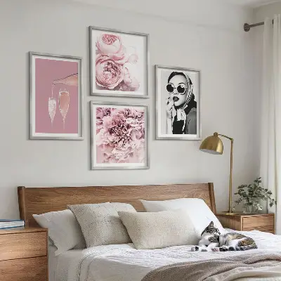 Set de 4 cuadros de flores peonías rosas con diseño elegante para salón