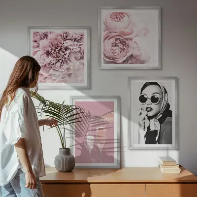 Set de 4 cuadros de flores peonías rosas con diseño elegante para salón