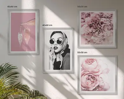 Set de 4 cuadros de flores peonías rosas con diseño elegante para salón