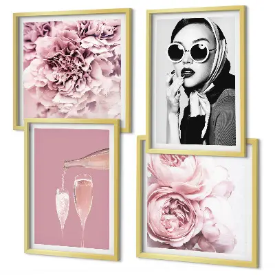 Set de 4 cuadros de flores peonías rosas con diseño elegante para salón