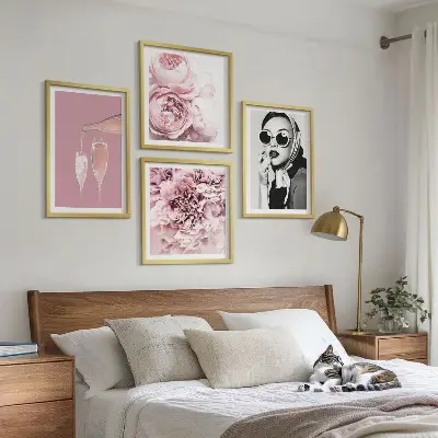 Set de 4 cuadros de flores peonías rosas con diseño elegante para salón