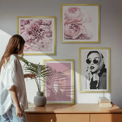 Set de 4 cuadros de flores peonías rosas con diseño elegante para salón