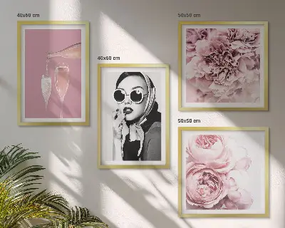 Set de 4 cuadros de flores peonías rosas con diseño elegante para salón