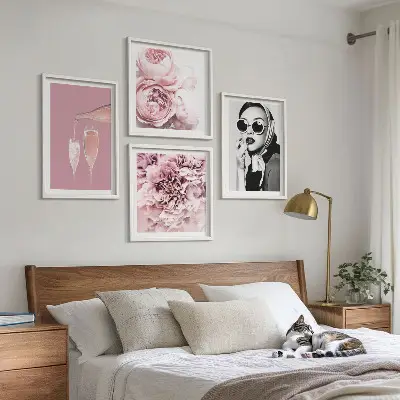 Set de 4 cuadros de flores peonías rosas con diseño elegante para salón
