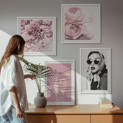 Set de 4 cuadros de flores peonías rosas con diseño elegante para salón