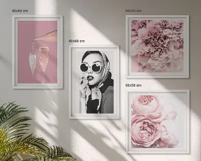 Set de 4 cuadros de flores peonías rosas con diseño elegante para salón
