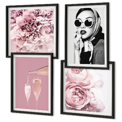 Set de 4 cuadros de flores peonías rosas con diseño elegante para salón