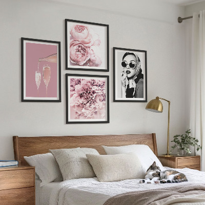 Set de 4 cuadros para salón Flores peonías rosas elegancia