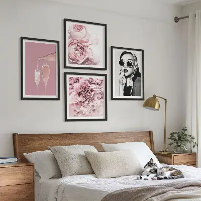 Set de 4 cuadros de flores peonías rosas con diseño elegante para salón