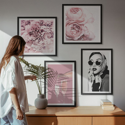 Set de 4 cuadros para salón Flores peonías rosas elegancia