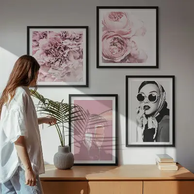 Set de 4 cuadros de flores peonías rosas con diseño elegante para salón