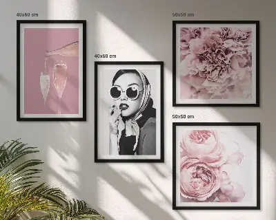 Set de 4 cuadros de flores peonías rosas con diseño elegante para salón